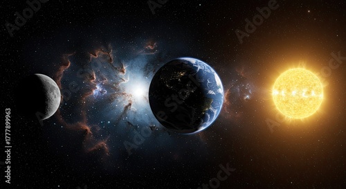 Spectacular rendering of earth moon sun and nebula in vast cosmic space view