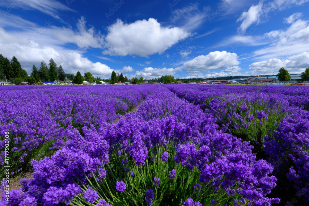 Fototapeta premium Vibrant lavender fields under a bright blue sky on a sunny day in summer