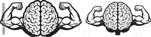 Powerful brain with flexing biceps symbolizing mental strength