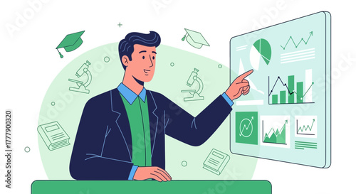 A Person Presenting Data Analysis and Educational Charts on a Digital Screen