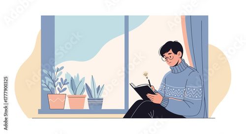A Person Meditating and Journaling Near Window with Plants and Daydreaming