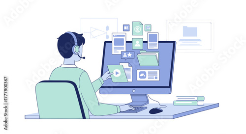 A Person Using a Computer with a Headset for Communication and Support