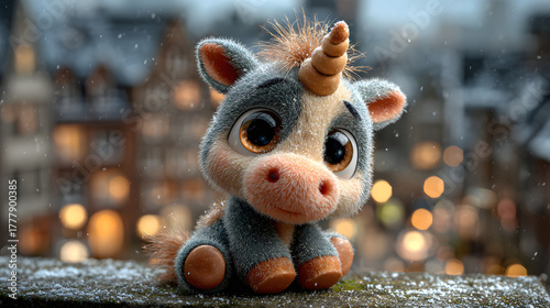 Unicorn on a Snowy Rooftop Overlooking Magical Winter Town – Cute Christmas Fantasy Illustration