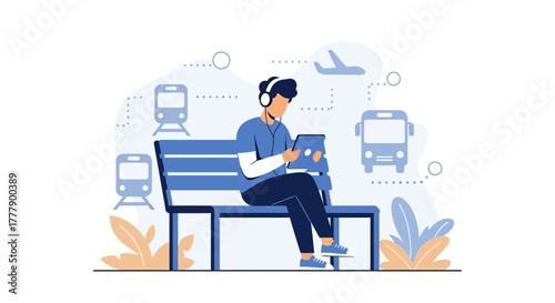 A Person Using Headphones and Tablet While Waiting for Public Transportation