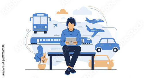 A Person Using a Tablet to Plan a Journey Along a Variety of Transportation Methods