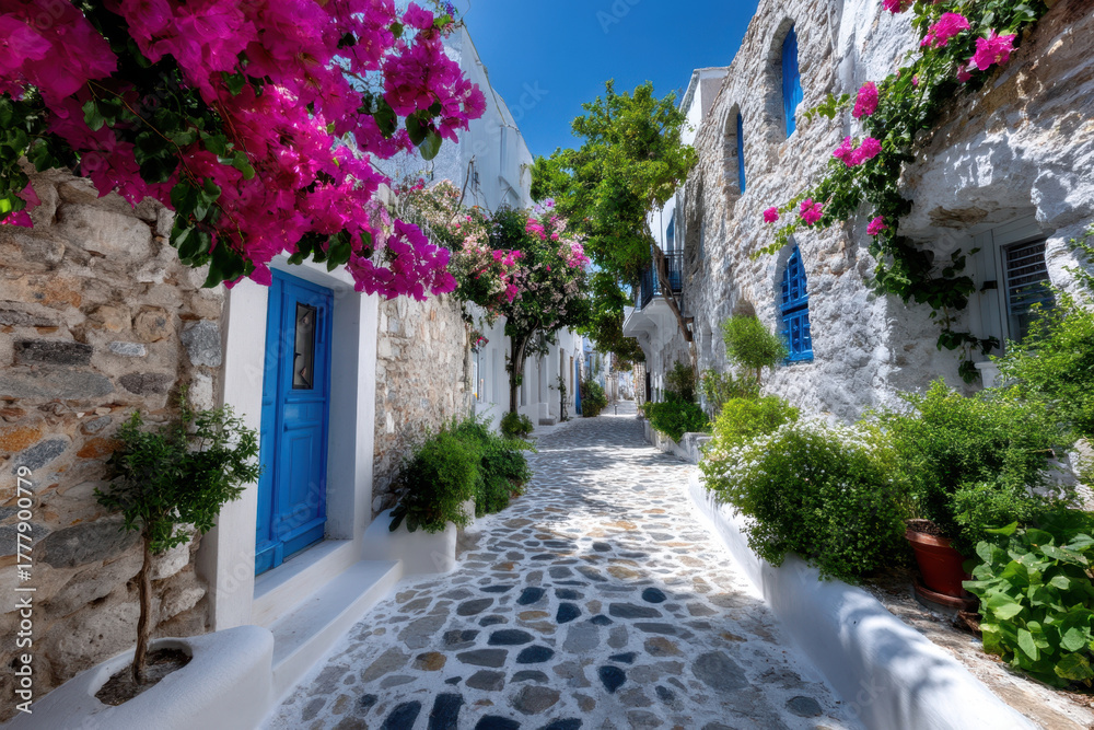 Fototapeta premium Colorful flowers lining a cobblestone street in a charming Mediterranean village