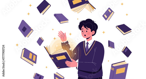 A Young Scholar Astonished by Floating Tomes, Absorbed in the Enchantment of Reading