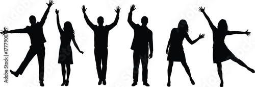 nity, freedom, abstract crowd, festive mood, dynamic figures, emotion, black shape, minimal style, human gesture, party vibe, raised arms, cheerful stance, group energy