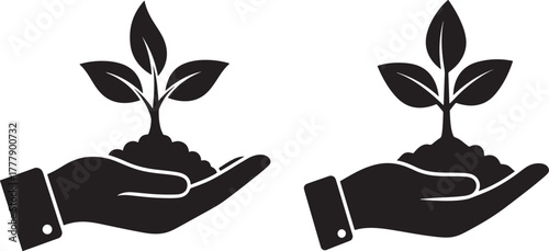 Hands holding growing plants silhouette