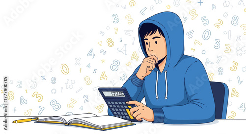 Accounting Student Contemplating Solutions While Studying Complex Calculations and Using Calculator