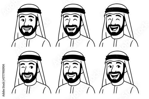 Six vector drawings of smiling arab sheikh