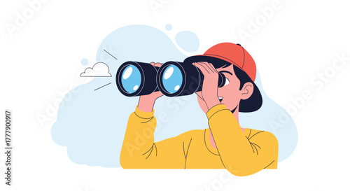 A person wearing a cap is using binoculars to observe a cloudy sky.