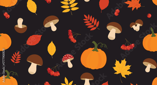 Autumn seamless pattern with pumpkins, leaves, berries, and mushrooms on a dark background.