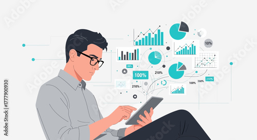 Analyst Using Tablet To Review Financial Data Represented In Modern Charts and Diagrams