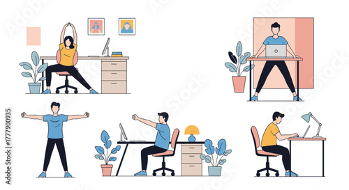 Office workers engaging in workplace stretches and exercises to promote employee well-being and reduce sedentary behavior.