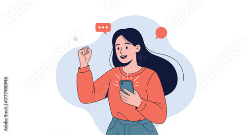 Happy woman celebrating a win with her phone and text message bubbles in an illustration style.
