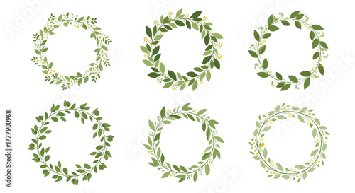 Elegant floral wreaths in various shades of green and yellow, perfect for invitations and decorative designs.
