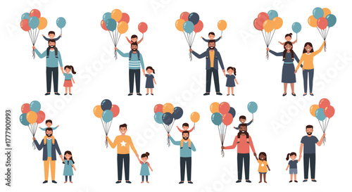 Collection of diverse families celebrating with balloons, men and women holding children and balloons.