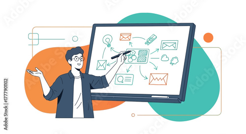 Business Analyst Presenting Data Analysis and Flowchart Diagrams on Digital Whiteboard