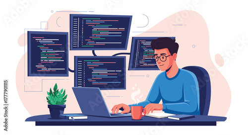 Young programmer wearing glasses intently coding on a laptop surrounded by multiple monitors displaying code.