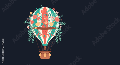 Floral hot air balloon illustration with a basket and dark background.
