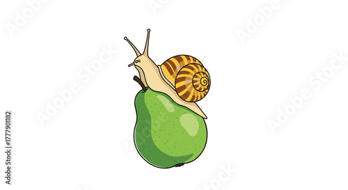 A whimsical cartoon snail with a swirly shell slowly crawls on top of a ripe green pear.
