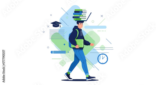 Educational Burden: A Student Carrying Books and Laptop Demonstrating Study Pressure
