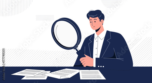 Businessman Examining Documents Using Magnifying Glass For Study Insights and Research