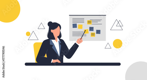 Businesswoman Presenting Strategy on a Board at a Meeting with Geometric Shapes Elements