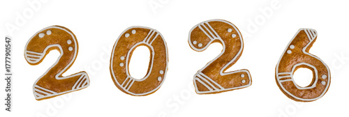 Closeup gingerbread number 2026 for good luck in New year isolated on panoramic white background. Set of baked sweets in numeral shape two, zero or six for various invitation or greetings card design.