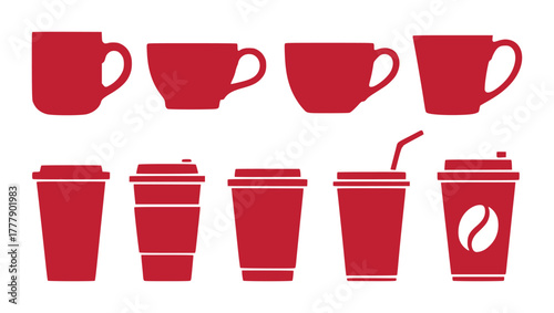 Collection of Red Coffee Cups and To-Go Cups Silhouettes