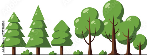 Tree illustration, forest landscape, coniferous trees, deciduous trees, nature scene, green foliage, botanical art, stylized vegetation, outdoor plants, shrub design