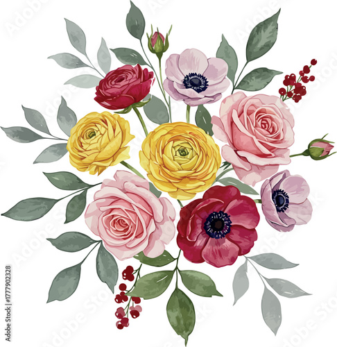 Vibrant watercolor bouquet of roses anemones and berries