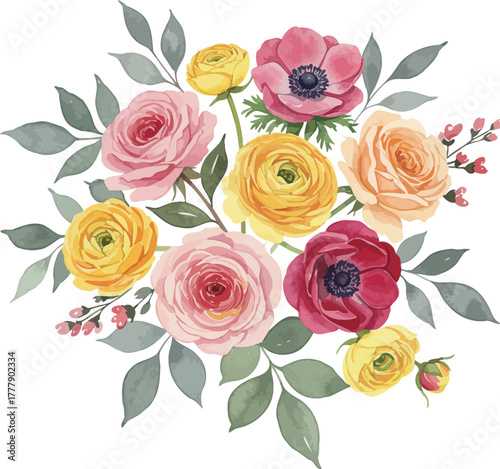 Vibrant watercolor bouquet of pink yellow and red ranunculus flowers