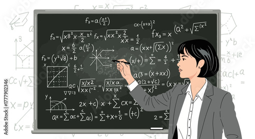 Confident Female Educator Explaining Complex Mathematical Equations On A Chalkboard