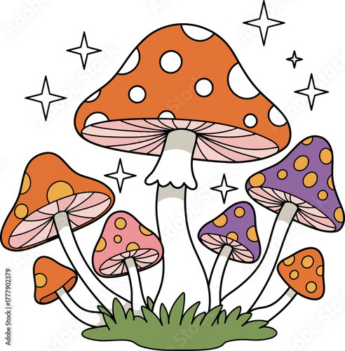 Whimsical psychedelic mushroom cluster with sparkling stars illustration