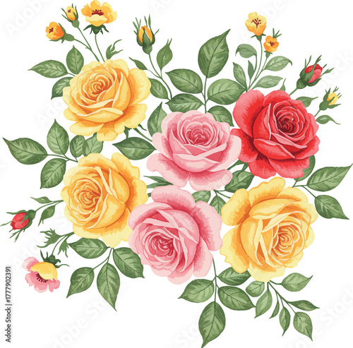 Beautiful watercolor bouquet of roses in vibrant yellow pink and red hues