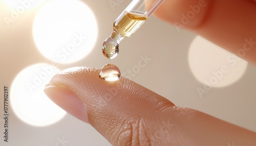 A clear glass dropper precisely dispenses a luminous golden serum onto a person's finger, symbolizing meticulous application for skincare, natural wellness, and beauty routines