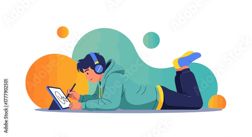 Creative Individual Using Digital Tablet at Home Illustrating With Headphones On