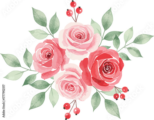 Delicate watercolor bouquet of pink and red roses with green leaves