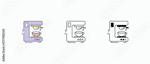 Coffee Machine icon multiple styles, including flat, line, glyph, and colored variations. Vector stock illustration