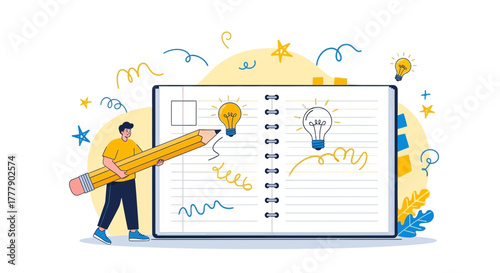 Creative Notebook Illustrating Ideas With A Person And Light Bulbs For Innovation Design