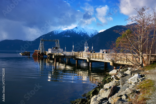 Squamish, Canada – February 7, 2021 - Porteau Cove Provincial Park Pier. A sunny winter day at Porteau Cove Provincial Park, British Columbia, near Vancouver.
