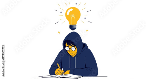 Creative Student With Brilliant Idea Sketching In Journal With Illuminated Light Bulb Above