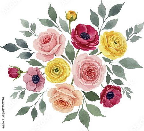 Beautiful watercolor floral arrangement with roses and leaves