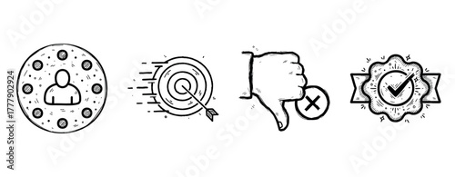 Hand-drawn icons set: user profile, target, dislike, verified badge