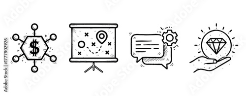Business strategy icons: finance, planning, communication, value