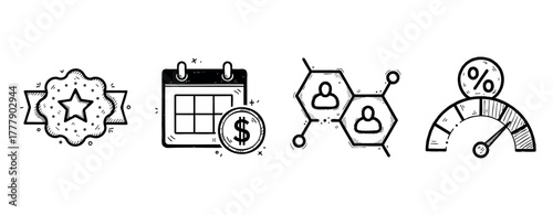 Sketch icons for quality, finance, network, and performance concepts
