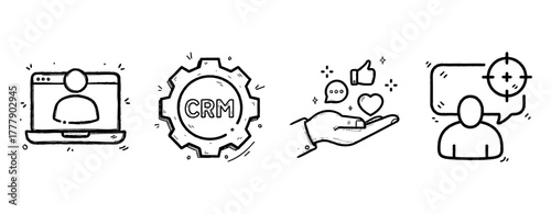 Hand-drawn crm icons: user management, gear, support, communication