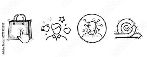 E-commerce icons: shopping, customer feedback, innovation, progress